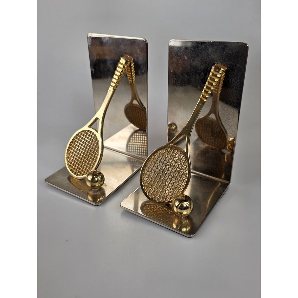 Pair Of Vintage Polished Brass and Chrome Tennis Racket Bookend Decor Figurine